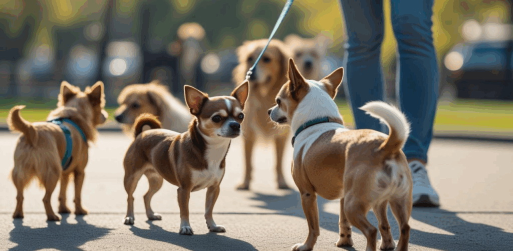 a Chihuahua greeting other dogs without showing aggressive behavior