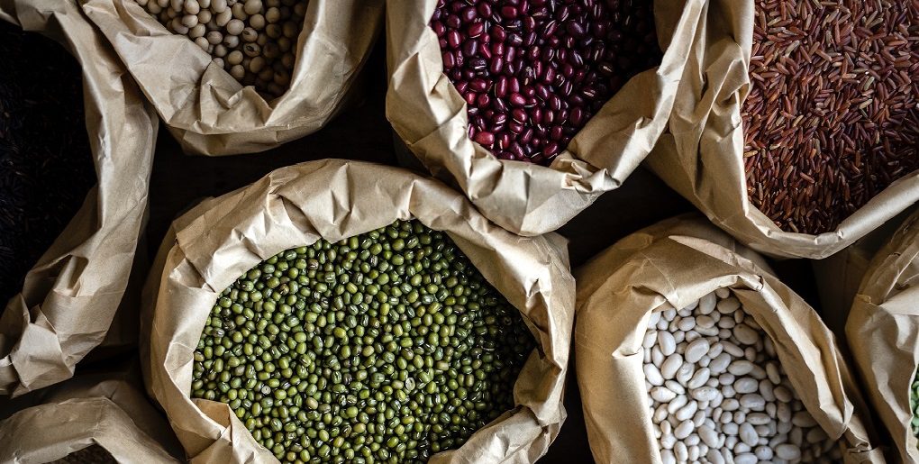 open bags of different types of grains