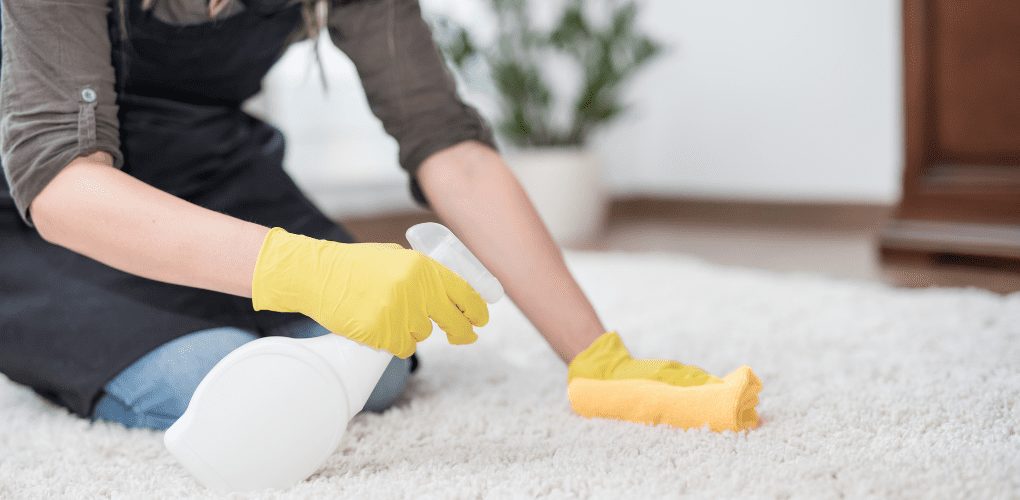 woman on knees cleaning carpet with spray bottle, gloves and yellow cloth