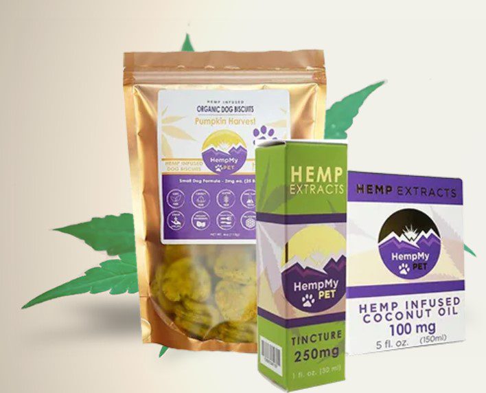 HempMyPet Wellness Bundle including organic pumpkin harvest dog biscuits, 250mg of organic full spectrum CBD oil and hemp infused coconut oil 100mg