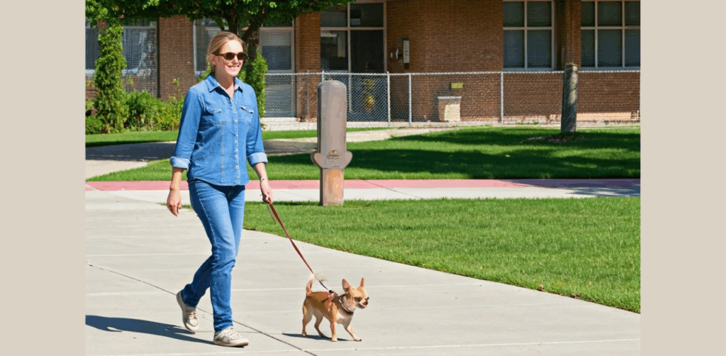 woman walking a chihuahua near a school