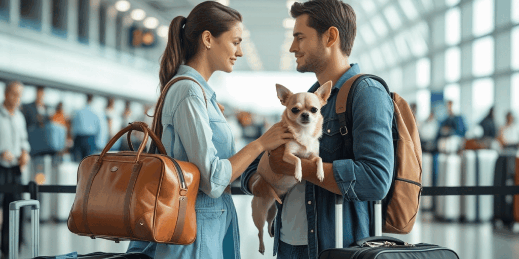couple at airport each has a travel bag and one is holding a chihuahua