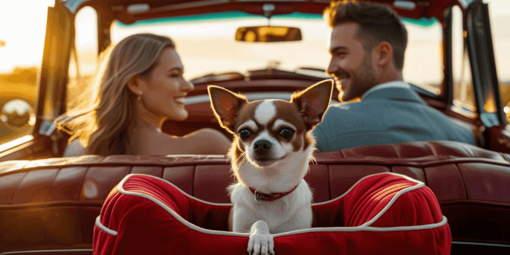 couple traveling in a convertible with chihuahua in backseat