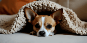 chihuahua peeking out from under a throw on a couch