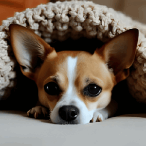 chihuahua peeking out from under a throw on a couch