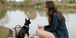 woman having a picnic by a lake with black Chihuahua and the perfect travel bag