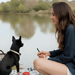 woman having a picnic by a lake with black Chihuahua and the perfect travel bag
